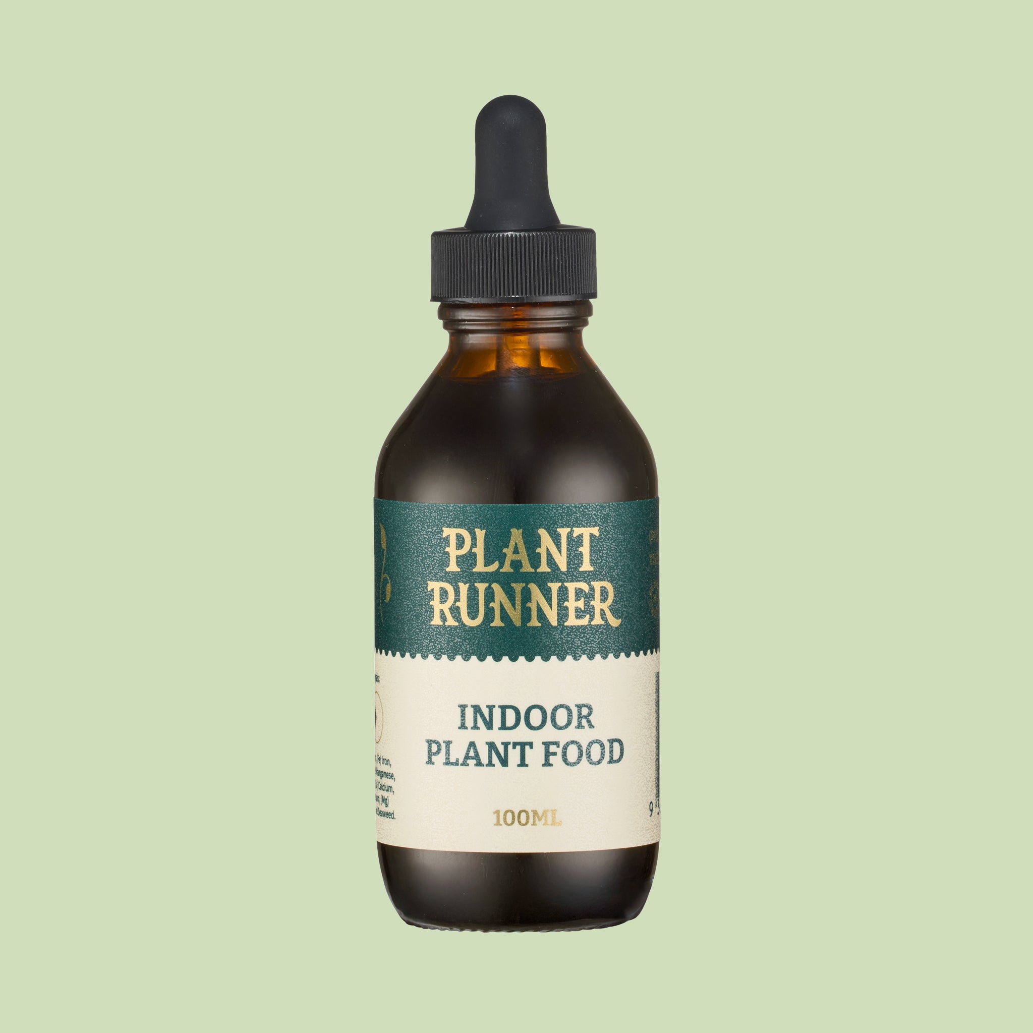 Bottle of Plant Runner indoor plant food on a light green background