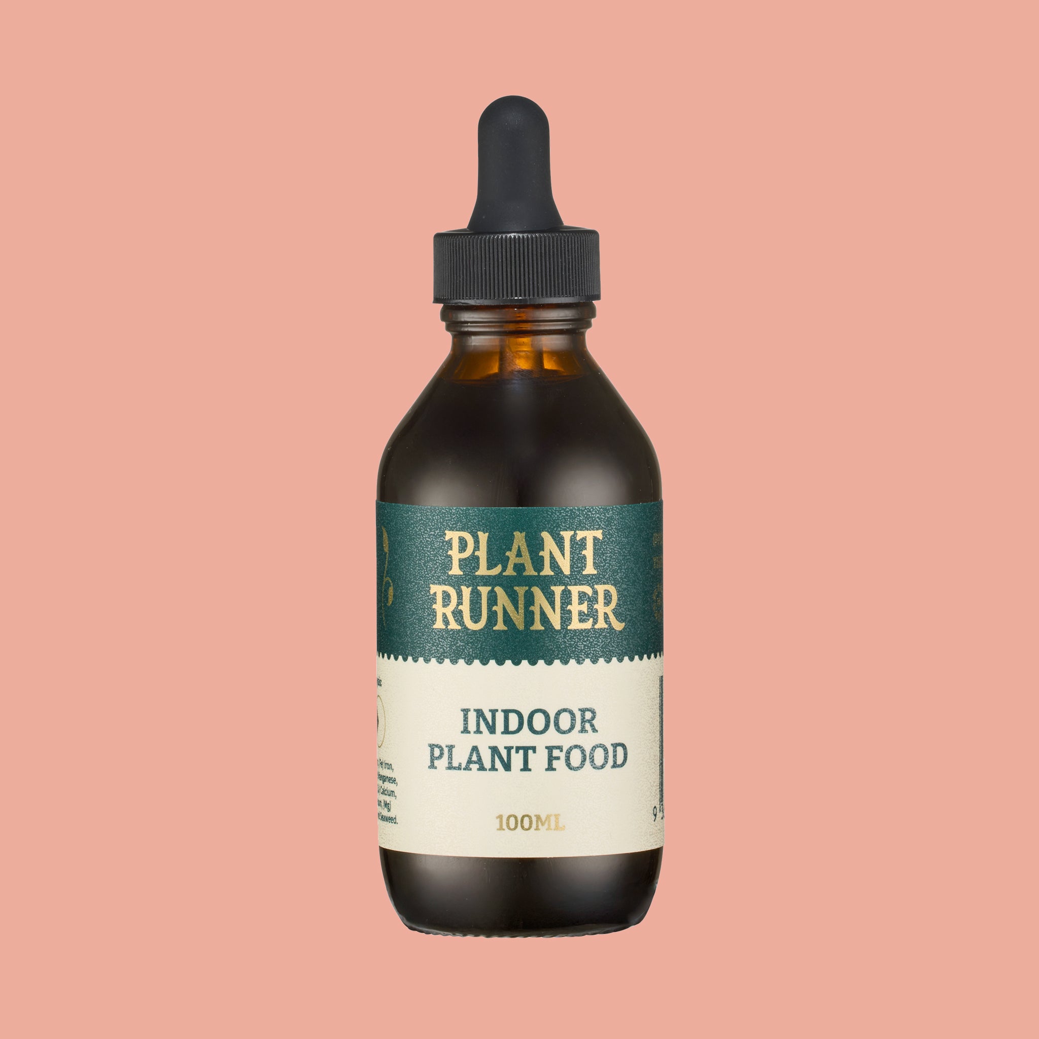 Bottle of Plant Runner indoor plant food on a pink background