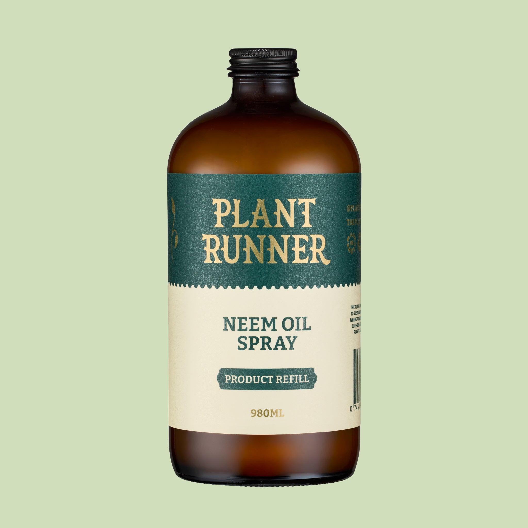 Brown bottle of Plant Runner Neem Oil Spray on a light green background