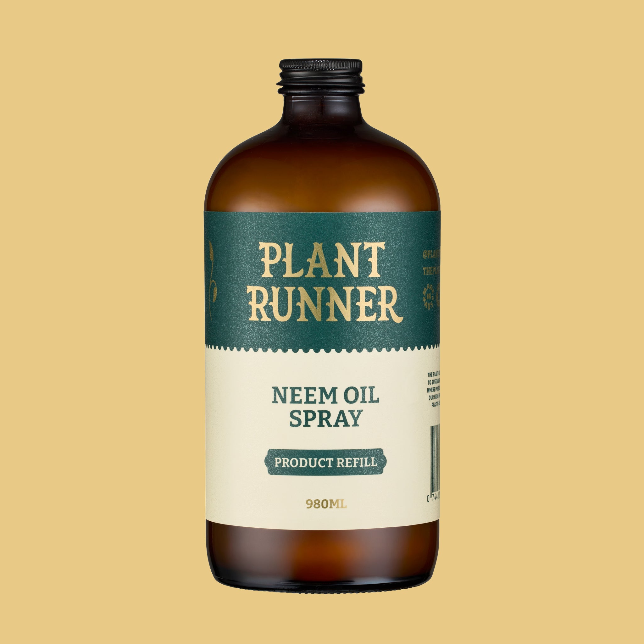 Bottle of Plant Runner Neem Oil Spray on a beige background