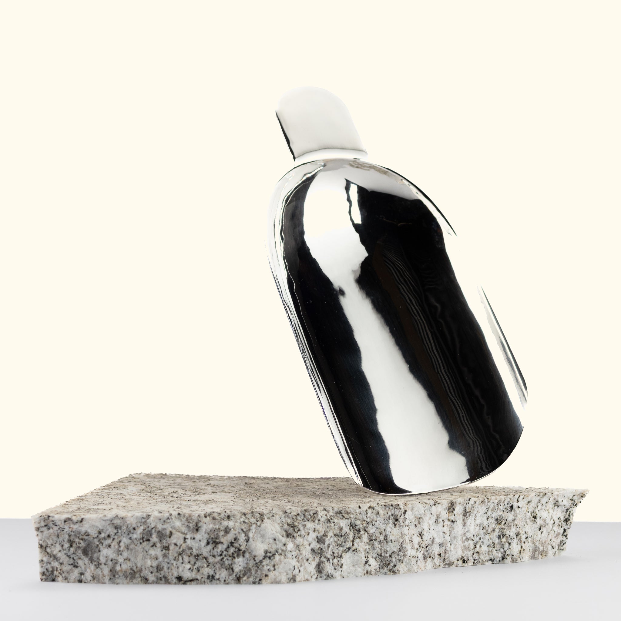 Stainless steel indoor potting scoop on a stone surface with a white background