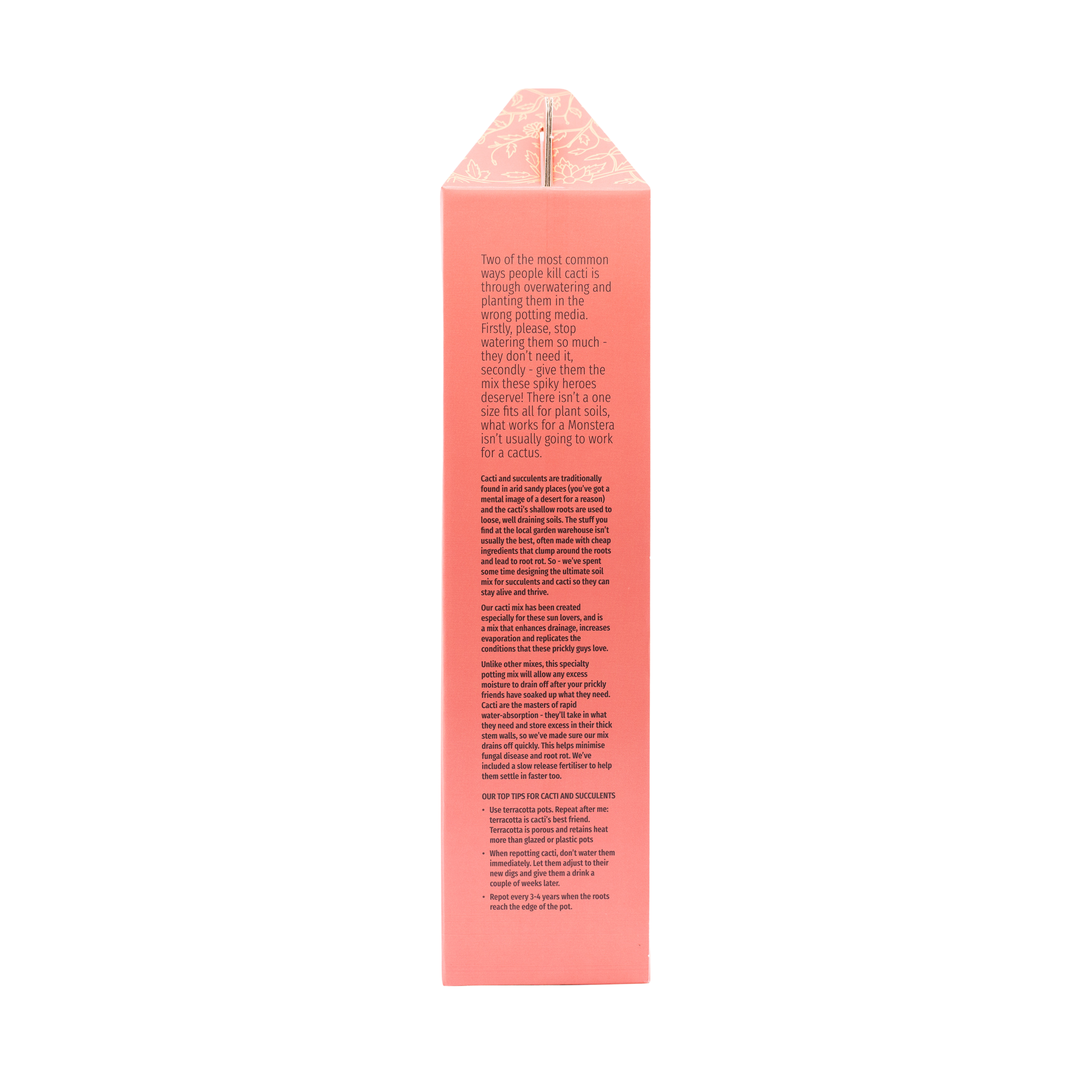 The Plant Runner Cacti Potting Mix side of packaging with text and instructions