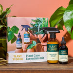 Plant Runner plant care essentials kit_bottles and packaging on a wooden surface.